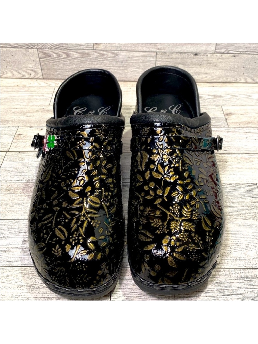 C & C Swedish clogs - Black Patent with Gold Floral Detail